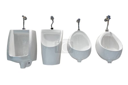 Exhibition of samples urina toilet bowls in a row isolated on white background. Modern sanitary ware product for hygiene