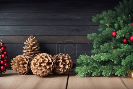 Photo for Christmas background with fir tree and christmas decoration elements. Top view with copy space - Royalty Free Image