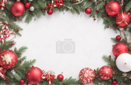 Foto de Fondo navideño con abeto y elementos decorativos navideños. Vista superior con espacio de copia - Imagen libre de derechos