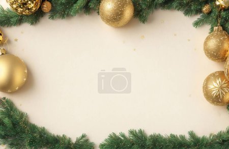 Foto de Fondo navideño con abeto y elementos decorativos navideños. Vista superior con espacio de copia - Imagen libre de derechos