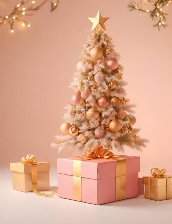 Foto de Árbol de Navidad de oro con decoración y caja de regalos, fondo - Imagen libre de derechos