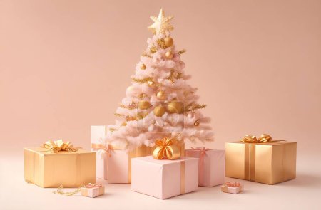 Foto de Árbol de Navidad de oro con decoración y caja de regalos, fondo - Imagen libre de derechos