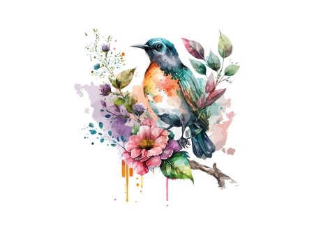 Watercolor bird and sparrow vector illustration Realistic hand drawn Painting, On branches decorated by leaves and flowers, White isolated background. Poster 647458072