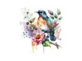 Watercolor bird and sparrow vector illustration Realistic hand drawn Painting, On branches decorated by leaves and flowers, White isolated background. Poster #647458072