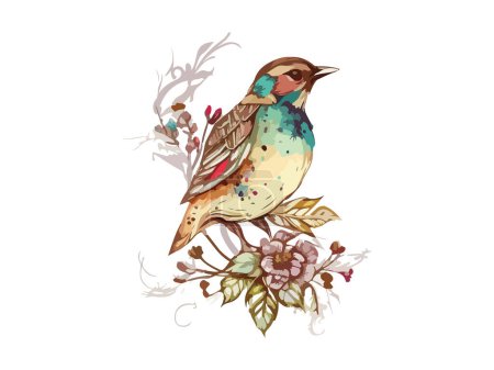 Watercolor bird and sparrow vector illustration Realistic hand drawn Painting, On branches decorated by leaves and flowers, White isolated background. Poster 647458736