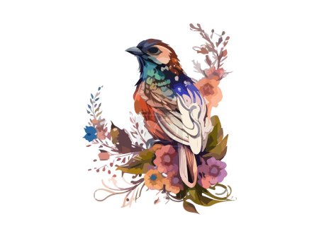 Watercolor bird and sparrow vector illustration Realistic hand drawn Painting, On branches decorated by leaves and flowers, White isolated background. Mouse Pad 648959028