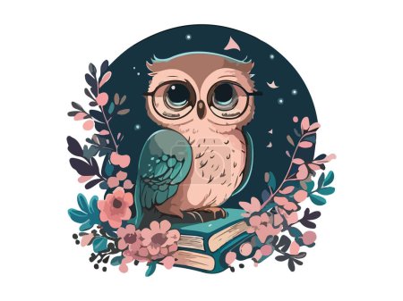 Ilustración de Búho sabio con gafas sentadas en un libro, Fondo cósmico con luna y estrellas decoradas con marco de flores en fondo blanco - Imagen libre de derechos