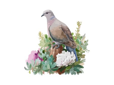 Illustration for Cute dove colorful watercolor, decorated by flowers and leaves glowing path, doodle and realistic, vector illustration. - Royalty Free Image