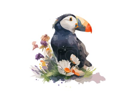 Illustration for Watercolor puffin bird decorated by flowers, white backgound, vector illustration. - Royalty Free Image