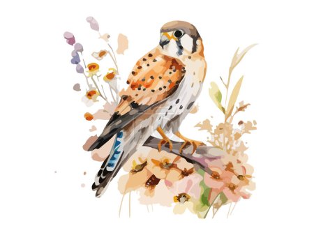 Illustration for Watercolor falcon bird, vector ilustration decorated by flowers. - Royalty Free Image