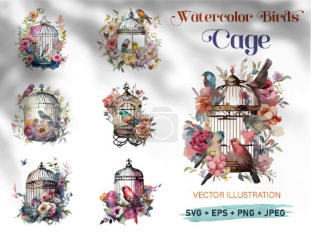 Téléchargez les illustrations : Illustration vectorielle aquarelle cage oiseau fleuri, fond blanc - en licence libre de droit