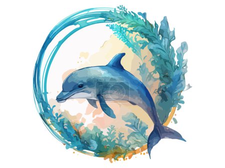 Illustration for Cute dolphin, Underwater life, decorated by flowers and coral, with sun rays, in white background. - Royalty Free Image