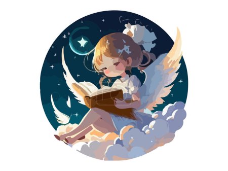 Illustration for Cute fairy sitting on moon at night, vector illustration - Royalty Free Image