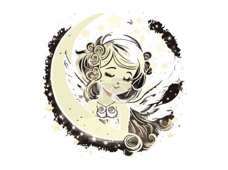 Téléchargez les illustrations : Mignonne fée assise sur la lune la nuit, illustration vectorielle - en licence libre de droit