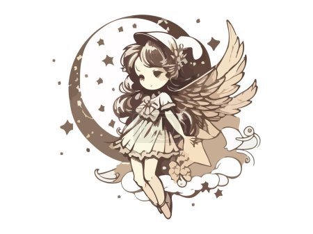 Illustration for Cute fairy sitting on moon at night, vector illustration - Royalty Free Image