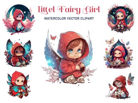 Illustration for Red Hoodie little baby Fairy, sitting with wings decorated by flowers in cosmic style, vector illustration. - Royalty Free Image