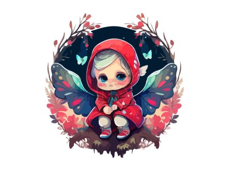 Red Hoodie little baby Fairy, sitting with wings decorated by flowers in cosmic style, vector illustration.