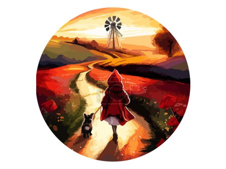 Ilustración de Chica sudadera con capucha roja caminando en el camino del campo, vector de ilustración. - Imagen libre de derechos