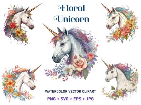 Acuarela unicornio floral, ilustración vectorial