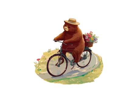 Illustration for Bear riding a bike in floral countryside road, isolated in white background. - Royalty Free Image