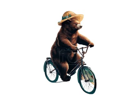 Téléchargez les illustrations : Ours en vélo dans la campagne florale route, isolé en arrière-plan blanc. - en licence libre de droit
