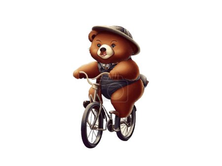 Illustration for Bear riding a bike in floral countryside road, isolated in white background. - Royalty Free Image