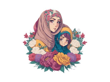 Illustration for Muslim Mother and child love clipart, Mother's day concept, mom daughter lovely moment illustration, Sublimation. - Royalty Free Image