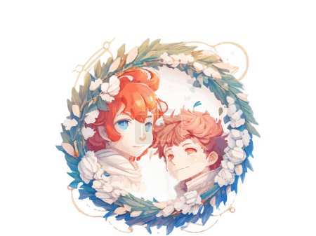 Ilustración de Personaje romántico de pareja joven en marco floral. acuarela diseño estilo vector ilustración - Imagen libre de derechos