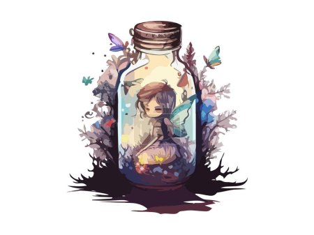 Ilustración de Hada en botella, decorada con flores, ilustración vectorial acuarela - Imagen libre de derechos