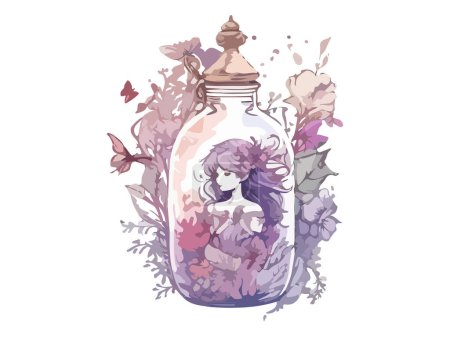 Ilustración de Hada en botella, decorada con flores, ilustración vectorial acuarela - Imagen libre de derechos