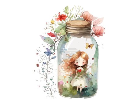 Illustration for Fairy in bottle, decorated by flowers, watercolor vector illustration - Royalty Free Image