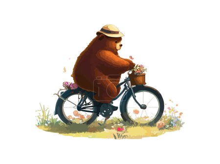 Ilustración de Oso montando en bicicleta en camino de campo floral, aislado en fondo blanco. - Imagen libre de derechos