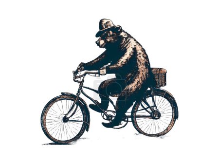 Ilustración de Oso montando en bicicleta en camino de campo floral, aislado en fondo blanco. - Imagen libre de derechos