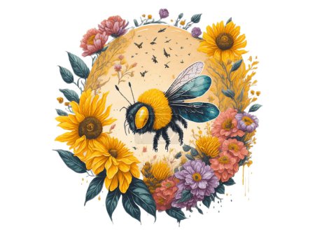 Illustration for Watercolor Floral Honey Moon With Flying Bee And Sunflower, Vector Illustration Isolated In White Background. - Royalty Free Image
