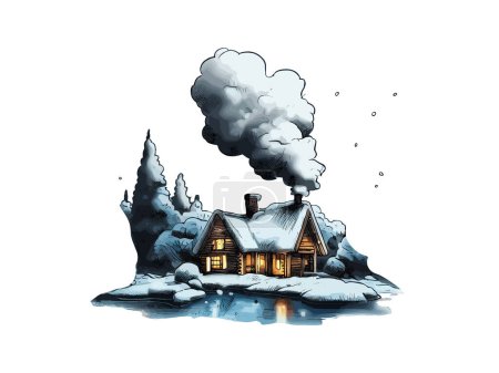Illustration for Watercolor illustration of cabin in forest with snow ,vector clipart image in white background. - Royalty Free Image
