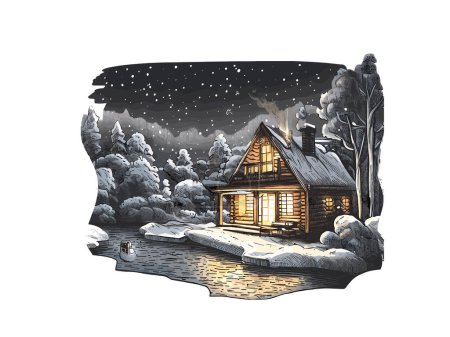Téléchargez les illustrations : Illustration aquarelle de la cabane en forêt avec neige, image vectorielle clipart en fond blanc. - en licence libre de droit