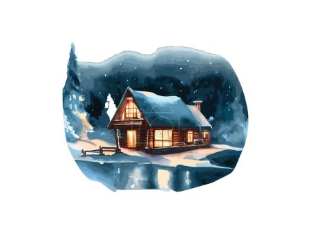 Ilustración de Ilustración de acuarela de cabina en bosque con nieve, imagen de clipart vectorial en fondo blanco. - Imagen libre de derechos