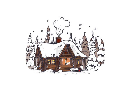 Ilustración de Ilustración de acuarela de cabina en bosque con nieve, imagen de clipart vectorial en fondo blanco. - Imagen libre de derechos