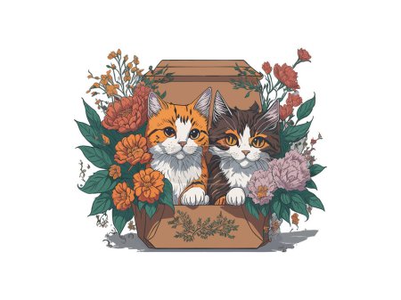Téléchargez les illustrations : Illustration vectorielle chat mignon, en boîte décorée de fleurs - en licence libre de droit