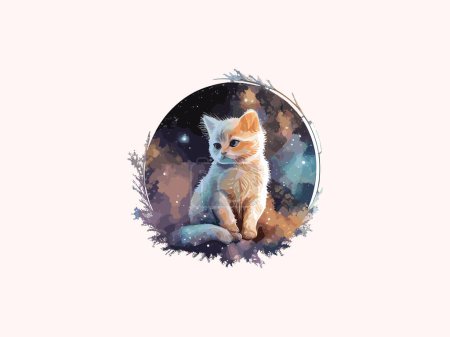 Illustration vectorielle chat mignon, décorée de fleurs en arrière-plan cosmique.