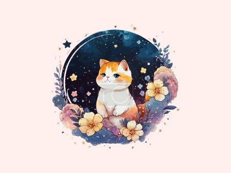 Cute Cat Vector illustration, decorated with flowers in cosmic background.