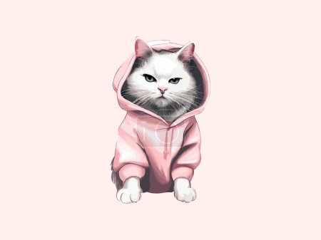 Un lindo gato blanco en un suéter rosa. Gato divertido en ropa, ilustración vectorial