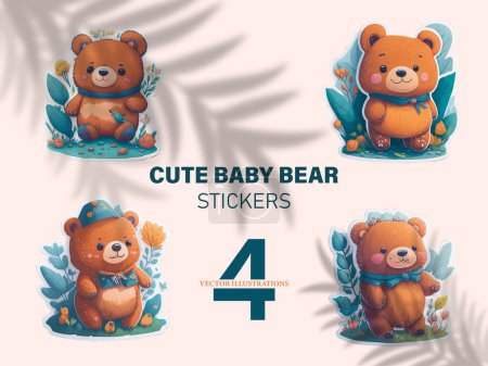 Illustration for Cute teddy bears stickers with flowers and leaves, isolated in white background. - Royalty Free Image