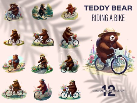 Illustration for Bear riding a bike in floral countryside road, isolated in white background - Royalty Free Image
