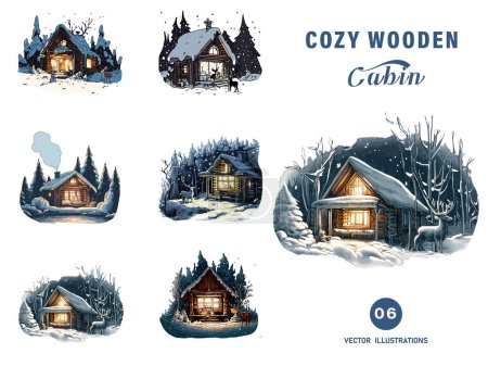 Illustration for Cabins Wooden Houses in Forest Mountain - Royalty Free Image
