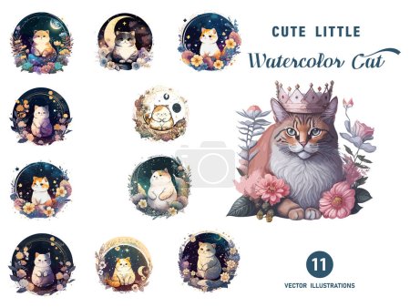 Téléchargez les illustrations : Cosmique mignon chat aquarelle avec fleur - en licence libre de droit