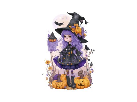 Ilustración de Chica bruja de acuarela decorada con flores y calabazas en concepto de Halloween, ilustración vectorial Clip art - Imagen libre de derechos