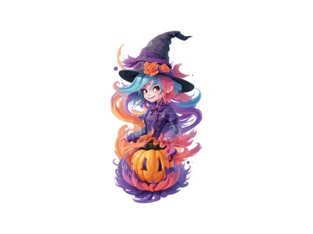 Watercolor Witch Girl Decorated with Flowers and Pumpkins In Halloween Concept, Vector Illustration Clip art