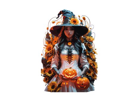Watercolor Witch Girl Decorated with Flowers and Pumpkins In Halloween Concept, Vector Illustration Clip art