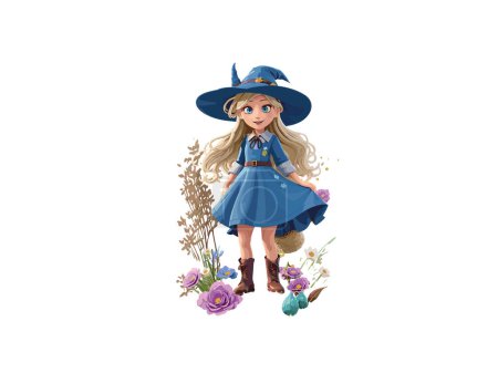 Ilustración de Personaje 3D linda bruja decorada con flores y calabaza, concepto de Halloween, ilustración vectorial Clip art. - Imagen libre de derechos